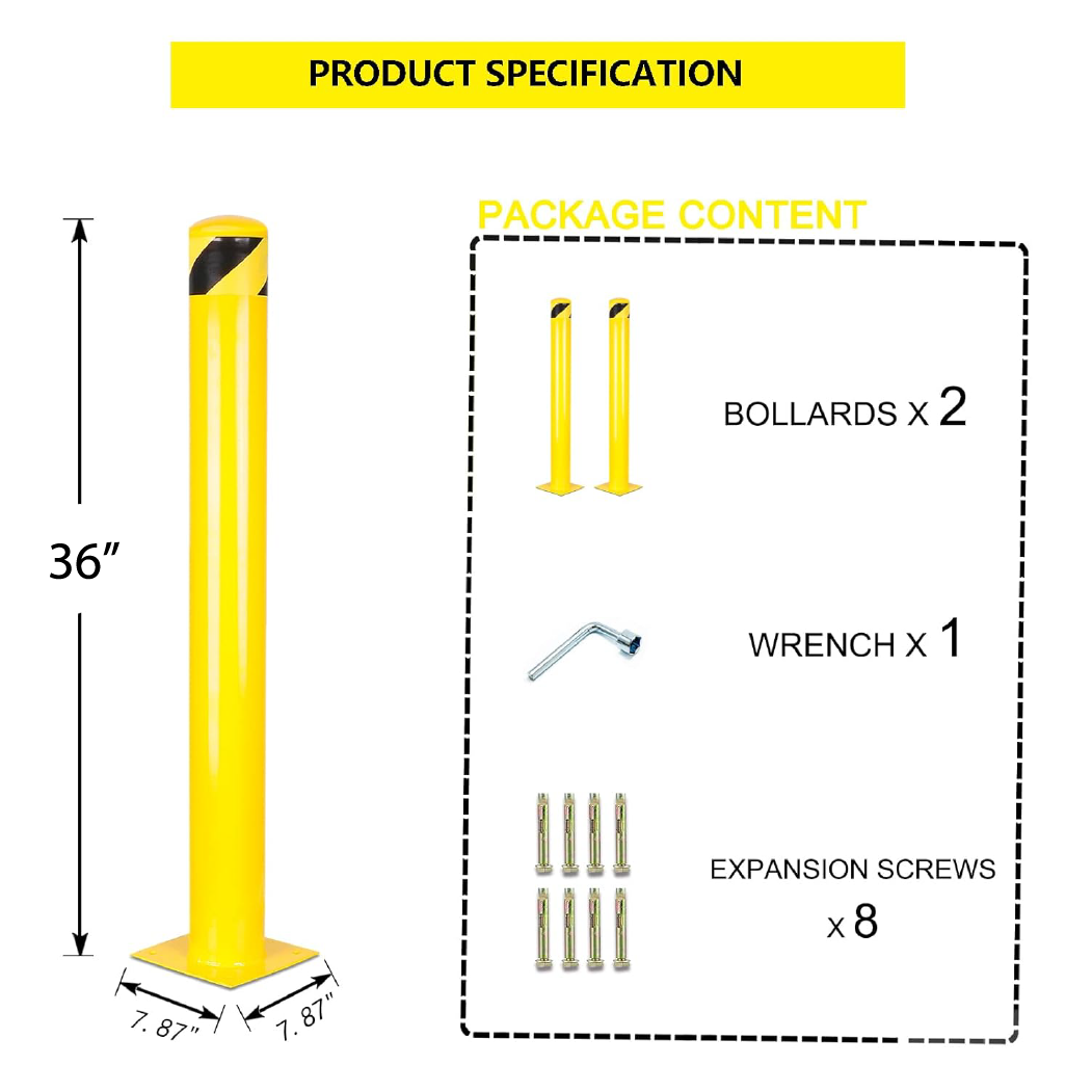 Winstar Steel Safety Bollards 2 Pack, 36&quot; x 4.5&quot; D, 5.5&quot; D
