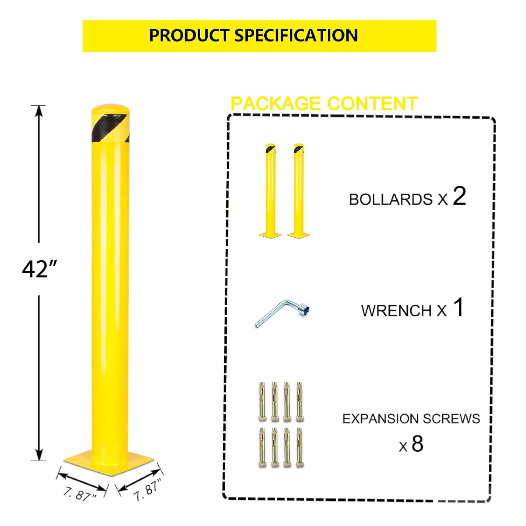 Winstar Steel Safety Bollards 2 Pack, 42&quot; x 4.5&quot; D, 5.5&quot; D